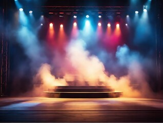 Empty scene with colorful stage spotlights, warm centered colored light and smoke from Generative AI