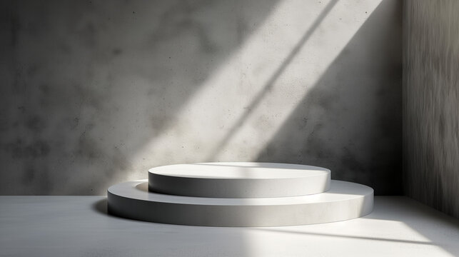 Round podium with golden lights in the dark room. Minimalistic abstract gentle light Black and white background.