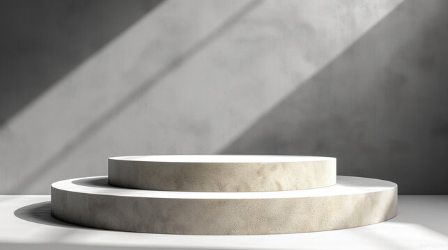 Round podium with golden lights in the dark room. Minimalistic abstract gentle light Black and white background.