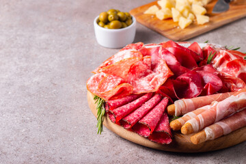 Charcuterie board. Antipasti appetizers of meat platter with salami, prosciutto crudo or jamon and olives.