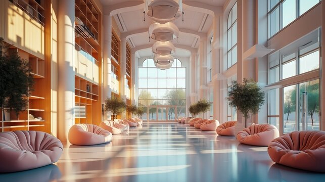 Beautiful, Modern dream school for teenagers with a place to relax. Generative AI.