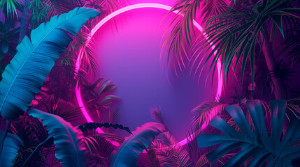Modern trendy neon glowing light with neon blue palm tropical leaves on a violet background. Design...