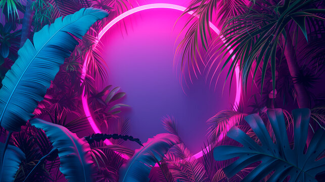 Fototapeta Modern trendy neon glowing light with neon blue palm tropical leaves on a violet background. Design template. Frame with copy space for text. Top view, flat lay.Generative AI