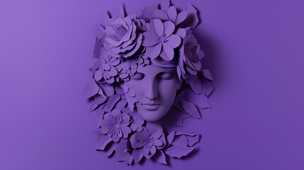 paper cut illustration of Venus feminine symbol carved in violet paper and filled with flowers on violet background.