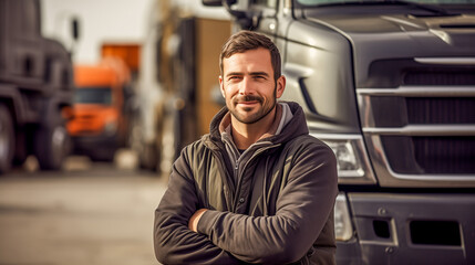 Portrait of a professional truck driver in front of a truck