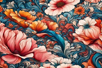 An exquisite illustration capturing the dynamic movement of vivid liquids on a clean canvas, accentuated by the subtle beauty of flower motifs in the background