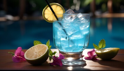 Blue Hawaiian cocktail with lime and a straw. Blue Hawaiian in glass with exotic flowers. Refreshing tropical cocktail with citrus slices in a tropical location - obrazy, fototapety, plakaty