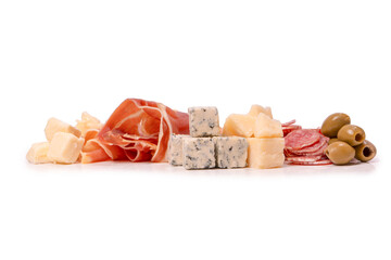 Cheese, olives, salami, jamon isolated on a white backgrund.