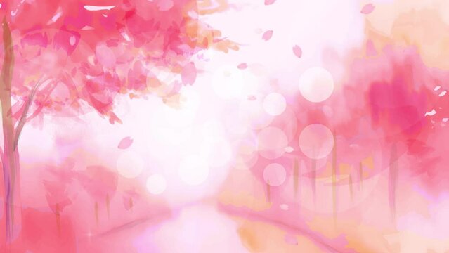 水彩の桜が舞う春の水辺とキラキラのアニメ