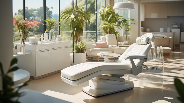 Professional Dental Setup: Empty Chair and Modern Equipment in White Office.
