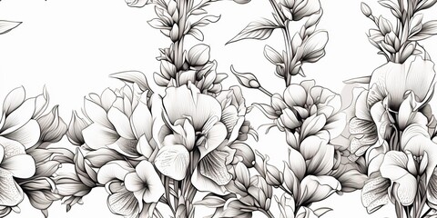 monkshood aconitum flowers in black and white colors. Coloring relaxing book background. Paint Drawing sketch - obrazy, fototapety, plakaty