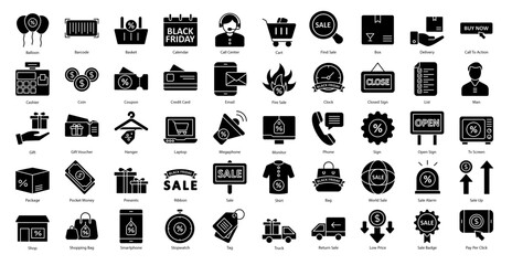 Black Friday Glyph Icons Shopping Basket Sale Iconset 50 Vector Icons