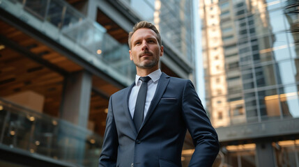 Fototapeta premium A dignified corporate leader stands confidently in front of a modern office