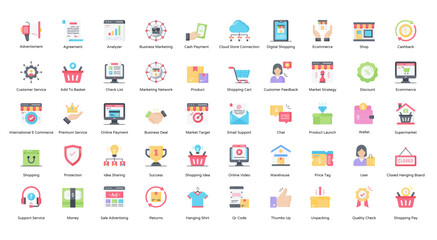 Marketplace Flat Icons Digital Shopping Ecommerce Iconset 50 Vector Icons 