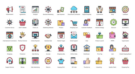 Marketplace Colored Line Icons Digital Shopping Ecommerce Iconset in Filled Outline Style 50 Vector Icons