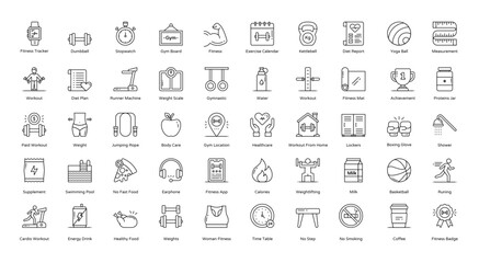Workout Thin Line Icons Fitness Cardio Gym Iconset in Outline Style 50 Vector Icons in Black