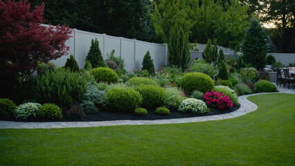 Fototapeta premium Inspiration for urban neighbourhood landscaping, Modern Urban House, wide shots of home gardens, lawns, yards, decks and spaces for outdoor entertaining, garden design, modern architecture concept