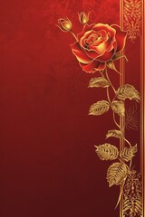 Red Rose With Gold Leaves on Red Background