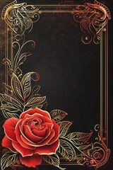 Red Rose on Black Background With Gold Frame