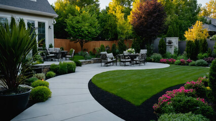 Fototapeta premium Inspiration for urban neighbourhood landscaping, Modern Urban House, wide shots of home gardens, lawns, yards, decks and spaces for outdoor entertaining, garden design, modern architecture concept