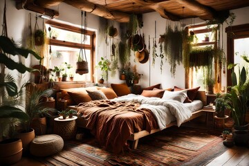 A bohemian bedroom with layered textiles, hanging plants, and warm, earthy tones, creating a...