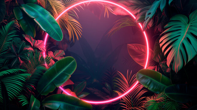 Modern trendy neon glowing light with neon green palm tropical leaves on a blue background. Design template. Frame with copy space for text. Top view, flat lay.Generative AI