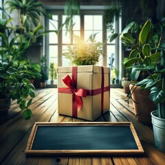 A gift lying on the wooden floor in a flower store. Promotion surprise bow and ribbon for the garden. Promo campaign for a customer. Presentation, advertising campaign, post, banner. Social media, bg