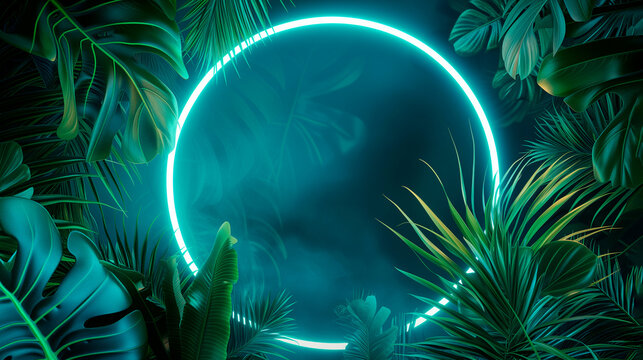 Modern trendy neon glowing light with neon green palm tropical leaves on a blue background. Design template. Frame with copy space for text. Top view, flat lay.Generative AI