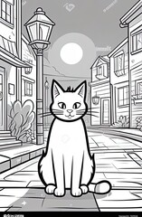 Doodle coloring book with houses, roofs, paths, cats in a small town