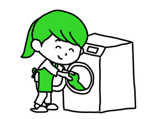 洗濯機を回す女性のイラスト