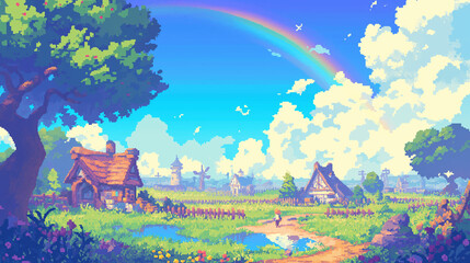 Idyllic Countryside Village with Rainbow and Lush Floral Fields