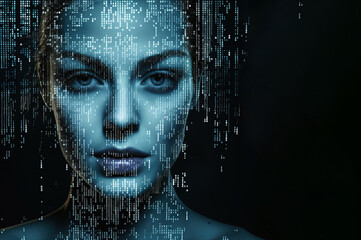 The face of an android woman, covered with microchips, against the background of IT equipment. An allegory of AI intelligence. A woman's face with a polygonal light.