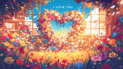 Romantic Pixel Art Floral Heart with Love Message