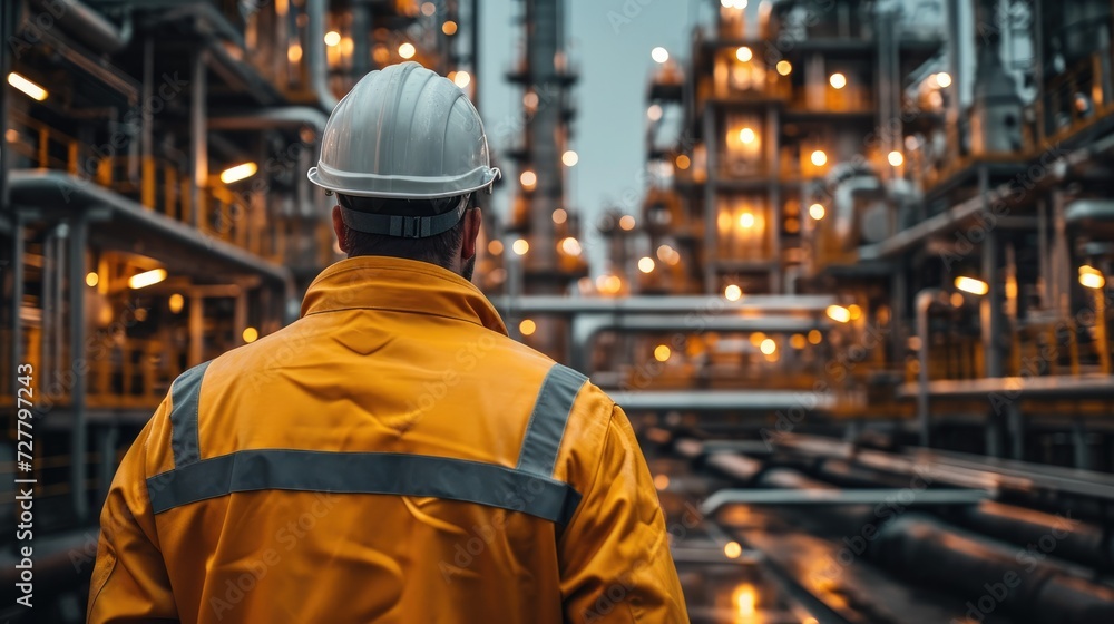 Aufkleber engineer technician watching team of workers working in oil refinery with high pressure tanks. fuel 