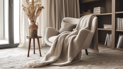A luxurious cashmere throw over a modern chair, with a backdrop of sheer curtains and a vase of dried flowers, creating an inviting scene of home in a sophisticated interior design magazine. - obrazy, fototapety, plakaty