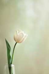 A single perfect tulip in a vase against a soft green background, grace and natural elegance, ideal for a botanical illustration or to enhance the peaceful ambiance of a spa or wellness center.