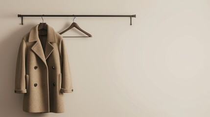 high-quality minimalist wool coat hung on a rack against a neutral background, embodying the concept of functional luxury, for an upscale fashion boutique's display or a style-focused editorial piece - obrazy, fototapety, plakaty