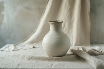 Fototapeta na wymiar A handcrafted pottery vase on a linen-covered table, its subtle tones and textures lending a touch of artisanal elegance, ideal for a minimalist interior setting or a feature in a lifestyle magazine