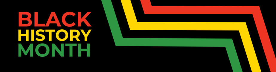 Black History Month banner with geometric african style pattern illustration on black background. Black History Month vector banner design template. Poster, cover, flyer, card, banner, background.