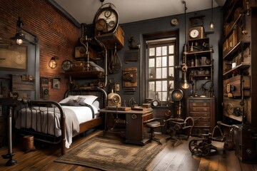 A steampunk-themed bedroom with industrial aesthetics, vintage machinery, and Victorian-inspired decor, creating a fantastical and unique living space