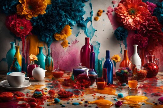 Ultra-HD image portraying the captivating blend of colorful liquids against a contemporary backdrop, adorned with stylish flower motifs
