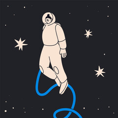 Person flying in outer Space. White spacesuit. Astronaut or spaceman. Cute character. Cartoon flat style. Hand drawn Vector illustration. Isolated design element. Exploration, discovery concept 