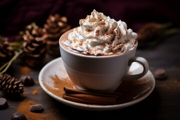 Cozy Cocoa Indulgence: A Steaming Cup of Hot Cocoa Topped with Fluffy Whipped Cream and Decadent Chocolate Shavings, Perfect for Warming Up on Chilly Days