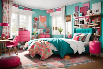 A teenage girl's bedroom with vibrant colors, playful accessories, and personalized decor...