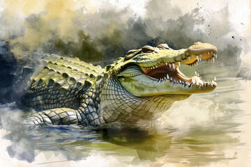 Fototapeta premium A dangerous crocodile in the water with a detailed image of its scales and teeth.
