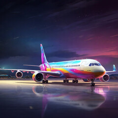 A Colorful plane waiting at the airport.