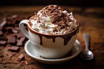 Cozy Cocoa Indulgence: A Steaming Cup of Hot Cocoa Topped with Fluffy Whipped Cream and Decadent Chocolate Shavings, Perfect for Warming Up on Chilly Days