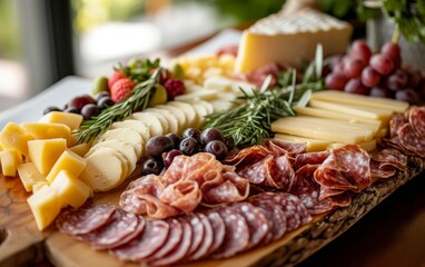 Deluxe wooden board filled with an array of fine cheeses, cured meats, and fresh fruits, ideal for sophisticated palates.