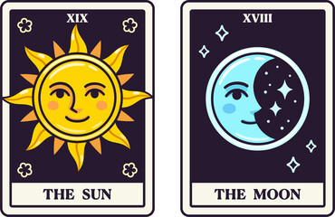 The Sun and The Moon Tarot cards in simple modern cartoon style. clip art illustration.