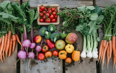 Variety of colorful fresh vegetables arranged on a rustic wooden table.